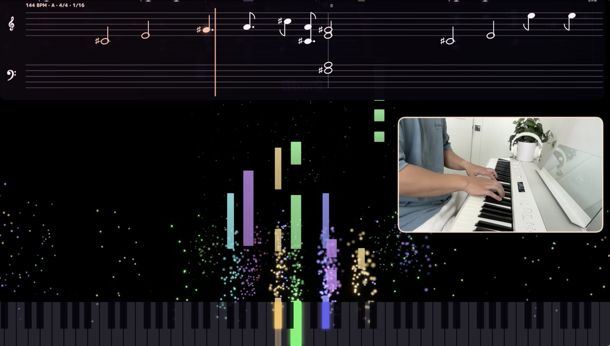 A recorded MIDI Visualizer performance with live piano-roll effects, transcribed treble and bass notation, and a camera view of the pianist