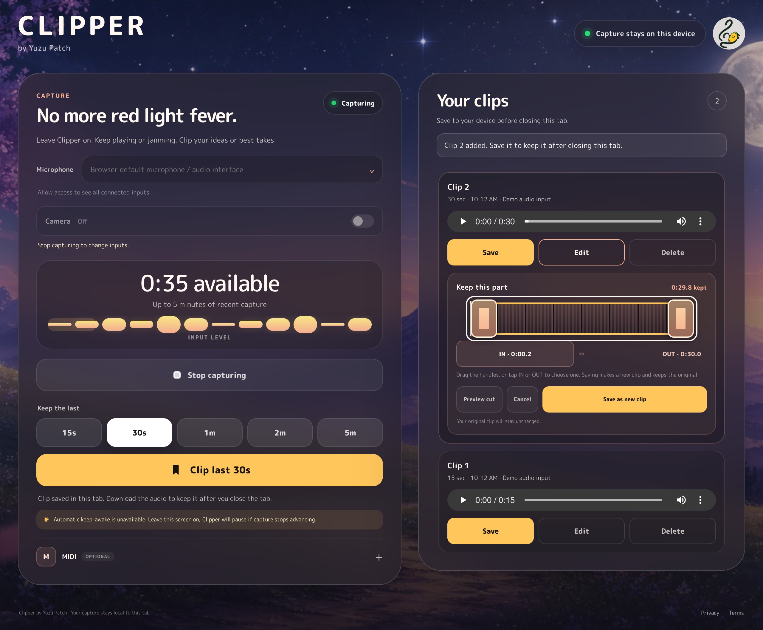 Clipper capturing audio with two saved clips and the trim editor open.