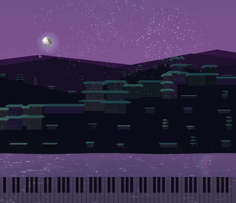 Lantern Hill scene with a moonlit village and harbour