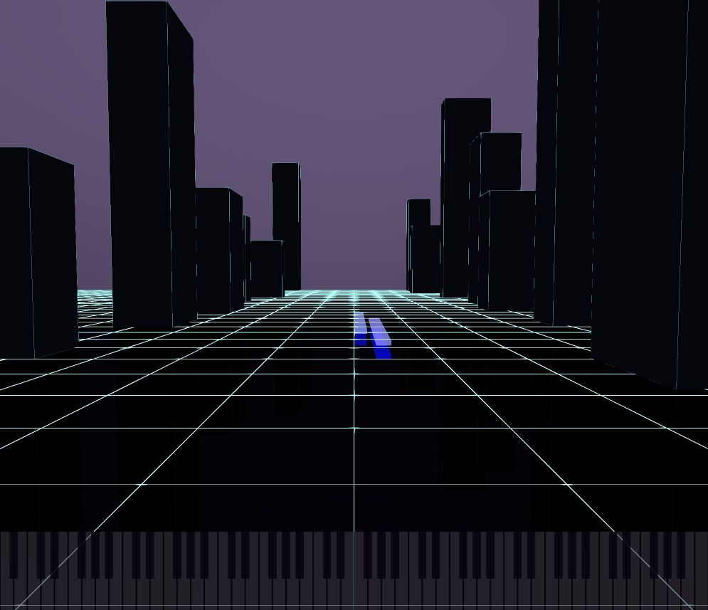 Neon scene with a glowing city grid and piano runway